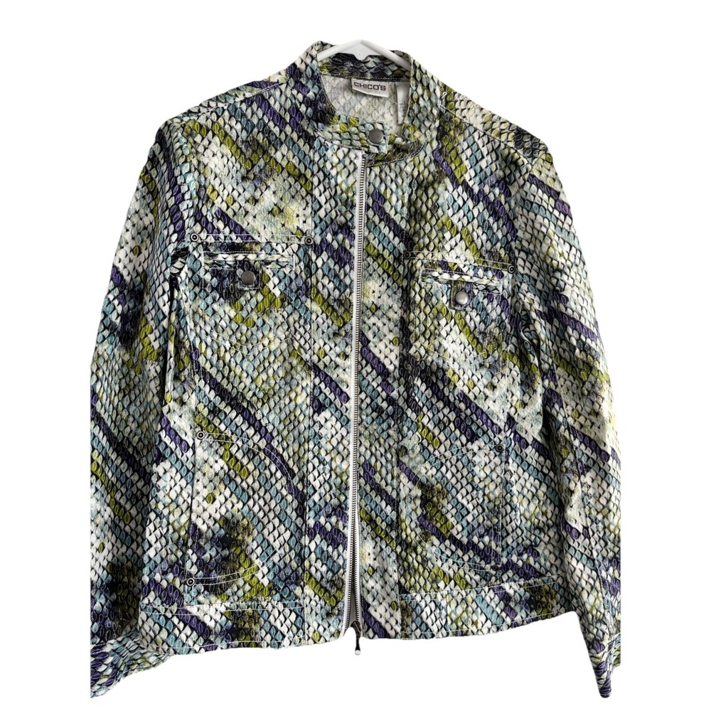 Chico's Python Snakeskin Print Zip Moto Jacket Animal Print Purple/Green‎ Medium